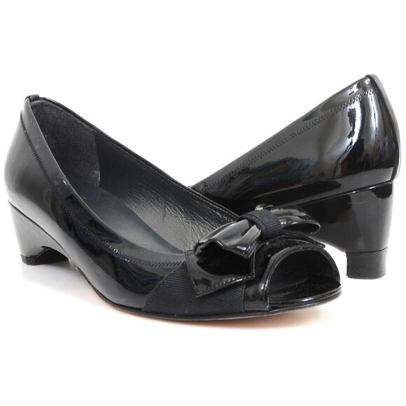 Stuart Weitzman Spain Lovebow Women's 8 Black Patent Bow Peep Toe Wedge Pump - Picture 1 of 9